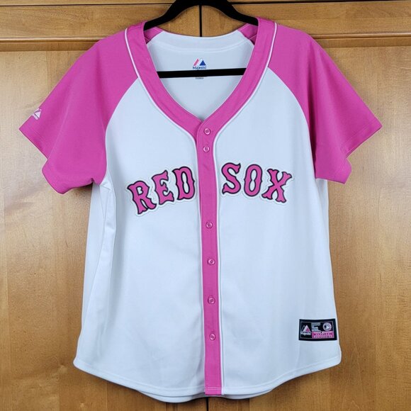 MLB Majestic Pink White Boston Red Sox Short Sleeve Baseball Jersey - XL - Picture 2 of 12